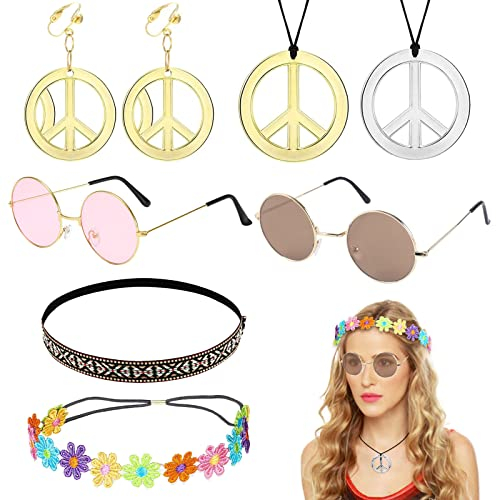 ZOCONE 7 Pezzi Set di Accessori Hippie, 2 Vintage Occhiali da Sole, 2 Pace Collana e Orecchini, Fascia Anni '60 70, Cerchietto a Margherita, Donna