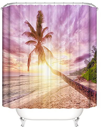 OCEUMACO 3D Ocean Violet Rideau de Douche Anti Moisissure Motif Paysage Mer Tropical Rideau Douche Tissu Imperméable 180x180 cm Sable Palmier Exotique Imprimé Rideaux Baignoire Lavable Machine