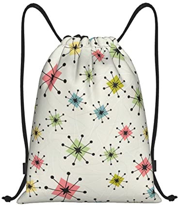 TOPUNY Strandszene mit Stühlen bedruckt, leichte Tasche mit Kordelzug, tragbare Seesack, Turnbeutel, Atomic Stars Retro Muster, Medium, Reiserucksäcke