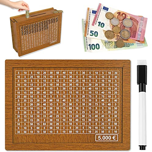 Spardose aus Holz, Retro Sparbüchse Aufbewahrungsbox, Sparbox, Spardose Kinder-Sparziel, Sparschwein mit Marker, Wiederverwendbare Spardose mit Sparziel und Zahlen zum ankreuzen (5000€)