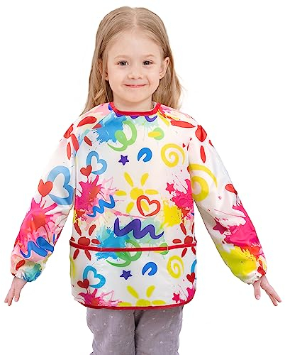 WERNNSAI Malschürze Kleinkinder - Doodle Kunstschürzen für Jungen Wasserdicht Bastelschürze Lange Ärmel Kinder Malkittel für 4-7 Kleinkind Schürze mit 3 Taschen für Schule Kunst Malerei