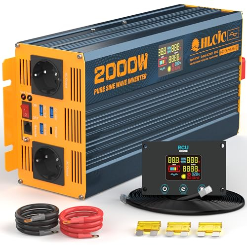2000Watt Wechselrichter 12V auf 230V Reiner Sinus-Spannungswandler mit LCD-Display 1 Type-C PD60W 3 USB-A QC3.0 Schnellladung Port 2 EU Steckdose 2 Fernbedienungen für Solares System Wohnmobil LKW KFZ
