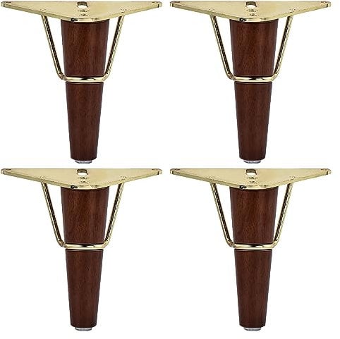 TCHOSUZ 5 Inch / 13 cm Wooden Furniture Legs, Set of 4 Solid Wood Mid-Century Modern Metal Triangle Top Plate Replacement Feets with for DIY Ottoman Cabinet Cupboard TV Stand Walnut