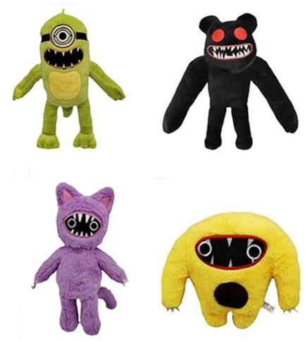 IHIPPO (4-teiliges Set) Happy Valley Horror Spiel Puppe Gelb Zahn Dämon Plüsch, Kinderspiel Plüsch umgebende Charaktere, Halloween Szene Set Requisiten, Kinderzimmer Dekoration Plüsch