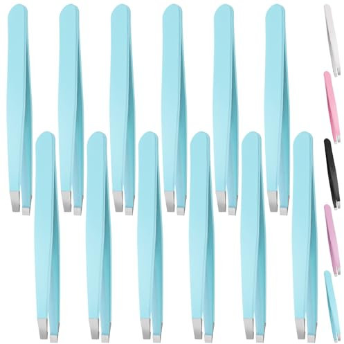 Swpeet 12PCS 3.79inch Blue Brow brucelles en acier inoxydable pinces à bout oblique Kit, sourcils visage et cheveux remover, pinces de précision à bout oblique pour hommes et femmes