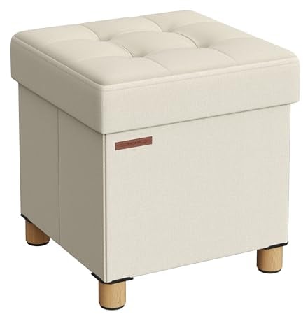 SONGMICS Sitzhocker mit Stauraum, kleine klappbare Sitzbank, 38 x 38 cm Fußbank, Aufbewahrungsbox, bis 300 kg belastbar, für Wohnzimmer Schlafzimmer Schlafsaal, cremeweiß LSF014W11