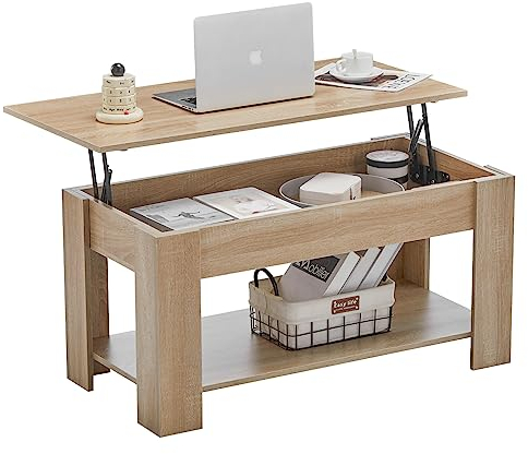 CLIPOP Höhenverstellbarer Couchtisch Platte Holz Kaffeetisch Wohnzimmertisch mit Offener und Versteckter Stauraum Ausziehbarer Beistelltisch Sofatisch,100 x 50 x (43-55) cm (Holzfarbe)