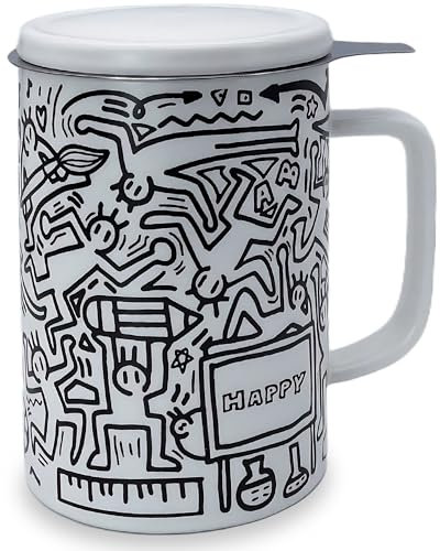 YumKubis Teetasse mit Teesieb und Deckel, 400 ml, Tee-Ei, lose Blätter, Teetasse mit Sieb, Porzellan-Tee-Ei, Teetassen für Mikrowelle und Spülmaschine, Happy White