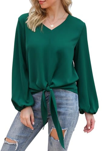 Anelune Womens Ballon Long Sleeve Chiffon Tops V Neck T Shirts Loose Casual Blouse Dressy Tunic Shirt Dark Green X-Large