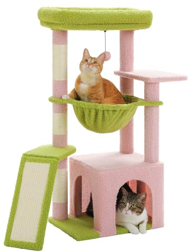 PAWZ Road Arbre à chat d'intérieur avec grand niche, 1 planche en sisal, 3 griffoirs, tour à chat avec grand hamac et perchoir 90 cm Rose
