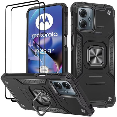 KANSi Funda para Motorola Moto G54, Cristal Vidrio Templado [2 Piezas] Capa Anillo iman Soporte Hard PC y Silicona TPU Antigolpes Armor Carcasa - Negro