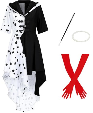 JQMAO Halloween Kostüm Damen für Cruella Devil : Faschingskostüme Weißes Kleid - Karneval Fancy Dress (M)