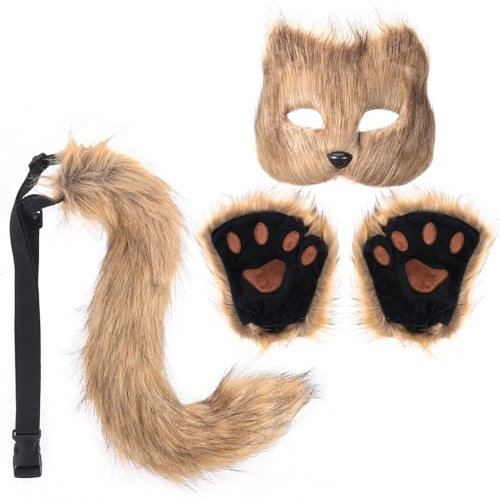 HonGien Cosplay Fox Set, Fuchs-Maske Cosplay Kostüm, Plüsch Kralle Handschuhe Fuchsschwanz Cosplay Set für Halloween, Weihnachten, Karneval Party (Braun)