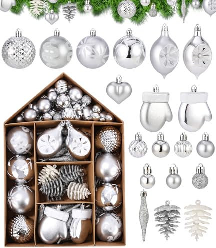 70 Stück Weihnachtskugeln, Weihnachtsdeko Innen Aussen,Weihnachtsbaumschmuck, Wiederverwendbar,Weihnachtsornament Aus Kunststoff,Christbaumkugeln Set mit Hängeschleife (Silver)