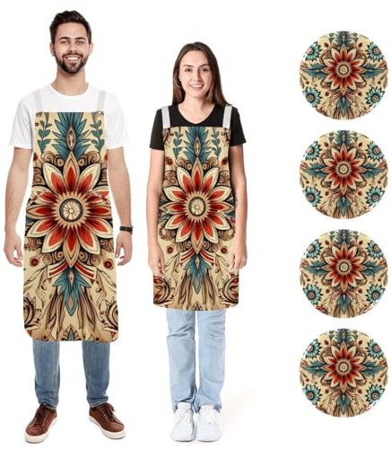 Delantal de cocina de lino para mujeres y hombres, delantal de cocina vintage floral nativo americano con 2 bolsillos ajustables, Vintage Floral Nativo Americano,