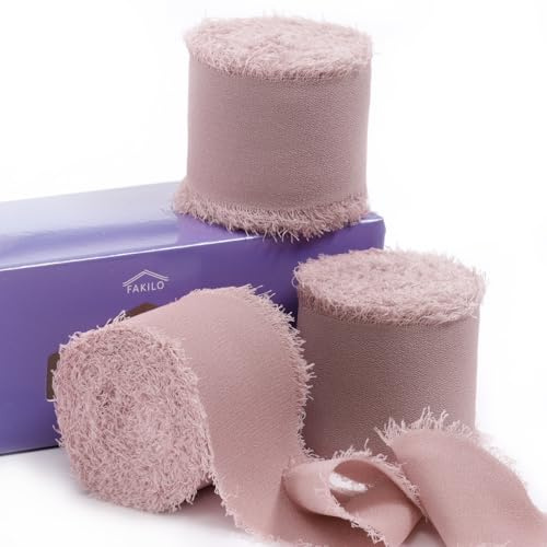 FAKILO Lot de 3 rouleaux de ruban en mousseline de soie avec bord effiloché, rose poudré, 3,8 cm x 7 m pour invitations de mariage, bouquets de mariée, emballages cadeaux, loisirs créatifs