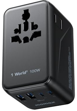 MOMAX Universal Travel Adapter, 100W Fast GaN International Power Adapter with 2AC, 2PD USB-C+2QC USB-A Travel Plug Adapter, Travel Plug Adapter Worldwide for Multi Countries EU, USA, UK, Japen etc.