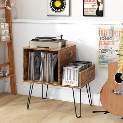 RELAX4LIFE Supporto per Giradischi con Stazione di Ricarica, Porta Vinili Vintage per 145 Album, Espositore per Dischi, Stand Tavolino per Soggiorno e Camera da Letto, 66 x 45 x 67 cm (Marrone)