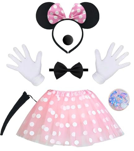 7PCS Mouse Costume Kit, Mouse Fancy Dress Up Costume for Adult Women Girls,Polka Dot Tutu Skirt 4 Layers, Mouse Ear Headband, Gloves Nose Tail Sequin Face Stickers, Carnival Fancy Dress for Women Girl