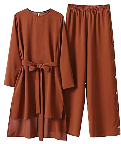 Amxleh Muslimische Kleider Damen 2 Teiler Langärmeliges Top + Lang Hose Ramadan Outfit Muslimisch Einfarbig Zweiteilige Sets Gebetskleidung Naher Osten Türkei Dubai Arabisch Abaya Anzug Gebet Outfits