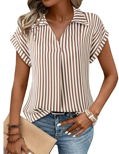 Gaharu Spring Summer Shirts for Women: Wrinkle-Resistant Business Casual Blouse - Office Work Professional Tops Wear Striped Coffee M