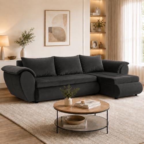 FORNIRO 24 Sierano Ecksofa 265x143x83cm Graphit Wohnzimmer Couch Schlafsofa | Mit Schlaffunktion & Bettkasten - L-Form - Kissen - Stoff Komfort | ausziehbar Gäste bequem Stauraum Design hochwertig robust