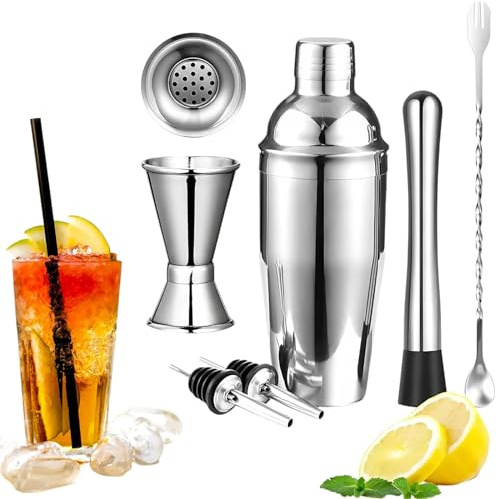 Professionelles Barkeeper-Set 6 EL. - Shaker 750ml mit Sieb, Jigger, Barkeeper Löffel, Muddler, Ausgießer, Edelstahl - Ideal für Cocktails