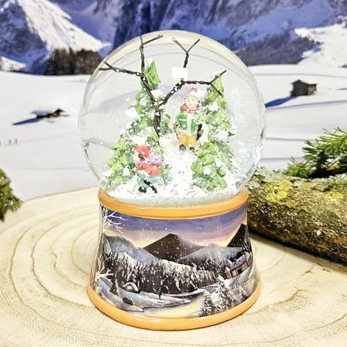 Schneekugel Weihnachten mit Musik | Nostalgische Skifahrer | Sockel Winterlandschaft Ocker| H: 14cm B: 10 cm | Schüttelkugel Wintersport Winter mit Spieluhr | 20275