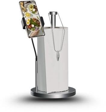 BUDYX. Soporte Móvil. 2 en 1: Telefono y Portarrollos, de Mesa, Base Antideslizante, 360º: Posición Horizontal y Vertical, Diseño, Gris Plateado, para la Cocina o la Oficina (servilletas )