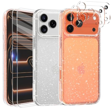 Tikgue Hülle für iPhone 17 Pro Max Hülle mit 2 Stück Display Schutzfolie und 2 Stück Kamera Folie, 360 Grad Handyhülle Glitzer Transparent Silikon Schutzhülle Slim Weich TPU Case - Clear