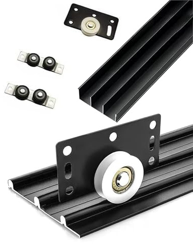 Schleifengetriebe-System-Kit, 3-Schienen-Schiebetür-Set for Schränke, Raumteiler, verstellbarer Bypass, mehrfarbig, 100–270 cm(Black,Three -track 110cm)