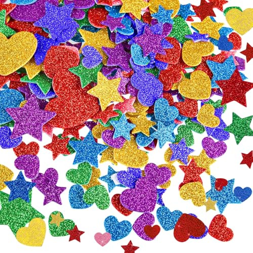 Yuqilin 500 Stück Moosgummi Glitzer Aufkleber Farbenfroh Moosgummi Sticker mit Herz und Sternformen Glitzer Sticker Wiederverwendbar Glitzersticker für Grußkarten Briefpapier Wände Dekorieren