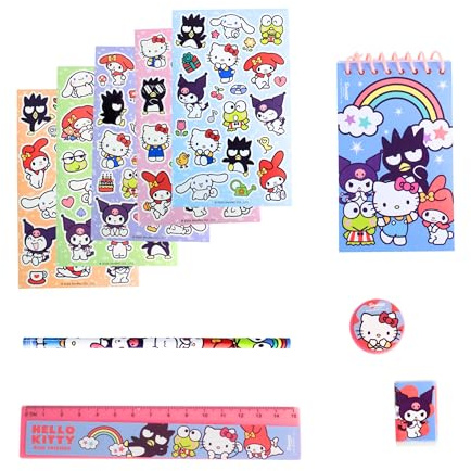 Hello Kitty Schreibwarenset, Inklusive Lineal, Radiergummi, Bleistift, Aufklebern, Anspitzer und Notizbuch, Geschenk für Mädchen