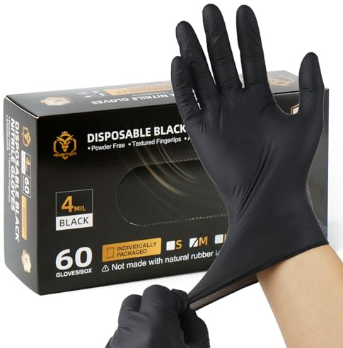 Ambition schwarze Einweghandschuhe aus Nitril – 60 Stück einzeln verpackt, extra stark (4 Mil), latexfrei, puderfrei & durchstichfest für Tätowieren, Lebensmittel & Reinigung