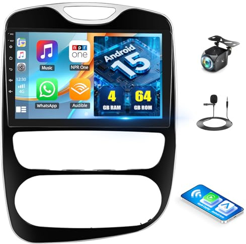 CAMECHO 4G+64G Android 15 para Renault Clio 4 2012-2018 con Navi Carplay Android Auto, 10 Pulgadas Touchscreen Doble DIN autoradio con Bluetooth5.0 FM/RDS 32EQ DSP SWC+Cámara Trasera