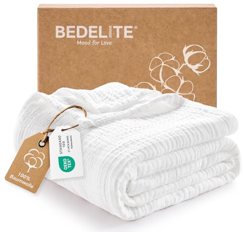 BEDELITE Musselin Decke 150 x 200 Erwachsene Tagesdecke Baumwolle, Weiß | weiche & atmungsaktive 4-lagige Musselindecke 150x200 alle Jahreszeiten, leichter Überwurf Decken für Bett, Sofa und Couch