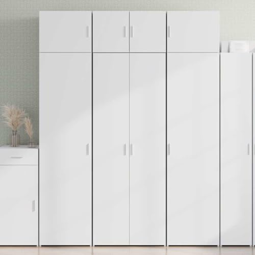 Weißes Highboard 185 cm hoch mit viel Stauraum für Wohnzimmer und Schlafzimmer, schlankes Sideboard aus Holzwerkstoff 70x42.5 cm, moderner Kleiderschrank mit Griffen Ablagen, pflegeleicht und stabil