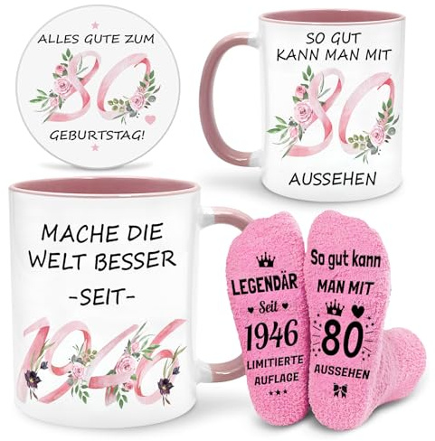 Geschenke zum 80. Geburtstag für Frauen, 1946 Tasse, Socken & Untersetzer | Lustige Geschenke für Freundin Mutter Gattin Schwestern Freunde Kolleginnen, 80 Geburtstag Frau Deko