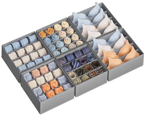 SONGMICS Schubladen-Organizer aus Vliesstoff, Faltbare Aufbewahrungsboxen, 6er Set, 28 x 26 x 10 cm / 32 x 26 x 10 cm, Grau, für Socken, BHs und Krawatten, Tina Kollektion RUS018GD01