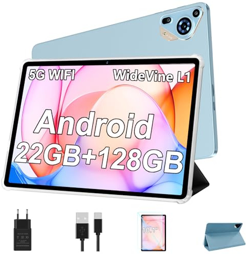SKYEGG Tablet 10 Pulgadas Android con 22GB RAM + 128GB ROM (Ampliable 1TB), Widevine L1, WiFi 5G, Batería 8000mAh, Pantalla IPS HD, Cuerpo Metálico, con Funda – Azul