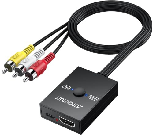 AUTOUTLET HDMI to RCA Converter, 1080p Input, 60 cm AV Cable, PAL/NTSC | Female HDMI input, 60 cm AV lead, PAL/NTSC switch and USB power; for older TVs, Fire TV Stick, Roku and other HDMI sources