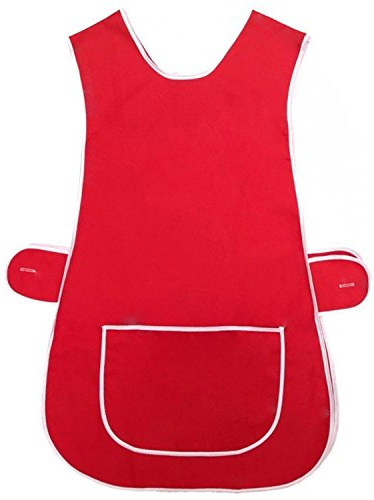 MyShoeStore Ladies Womens Tabard Home Work Kitchen Cleaning Chef Catering Cleaners Workwear Overall Piping Edge Tabbard Apron With Large Pocket Side Button Fastening Plus Big Size (Red, WX)