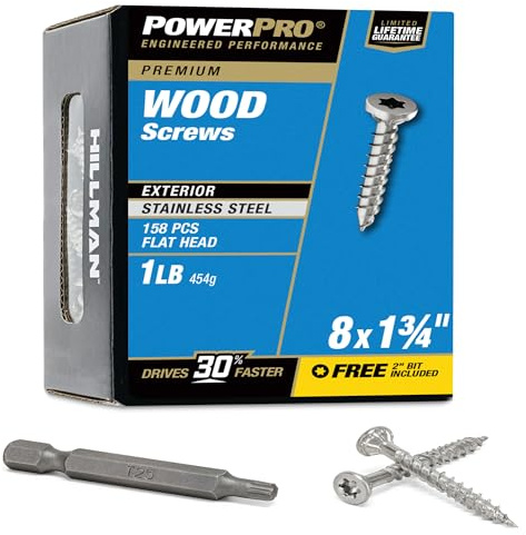 Power Pro Wood Screws, #8 x 1-3/4in, 172 Pack, Silver