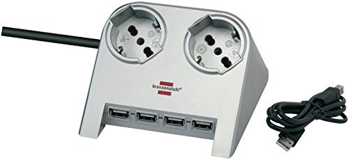 Brennenstuhl 1153545124 Desktop Power Series Multiprise de table, 2 prises italiennes 10/16A+Schuko, 4 prises USB 2.0