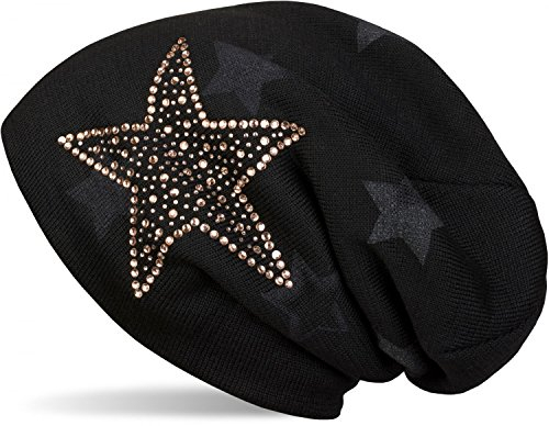 styleBREAKER warme Feinstrick Beanie Mütze mit All Over Stern Muster, Strass Stern und sehr weichem Fleece Innenfutter, Unisex 04024084, Farbe:Schwarz