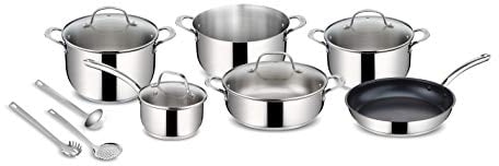 Lagostina Evelia Batterie de Cuisine en Acier Inoxydable 18/10 pour Induction, Gaz et Four, 13 Pièces, 4 Marmites, Casserole, Poêle Antiadhésive, Louche, Écumoire, Cuillère à Spaghetti, 4 Couvercles