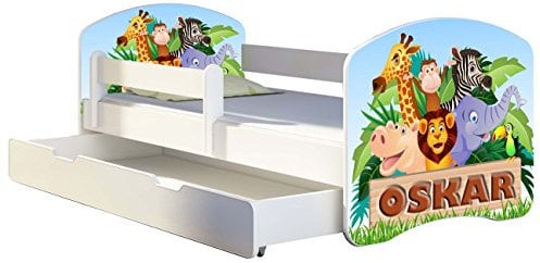 Kinderbett Jugendbett mit einer Schublade und Matratze Weiß ACMA II 140 160 180 40 Design (180x80 cm + Bettkasten, 02 Animals Name)