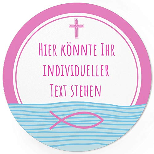 24 PERSONALISIERTE runde Etiketten SELBER GESTALTEN mit Ihrem Text: Rosa Fisch Kreuz - Personalisierte Aufkleber für Taufe, Konfirmation, Kommunion, Ostern, Weihnachten