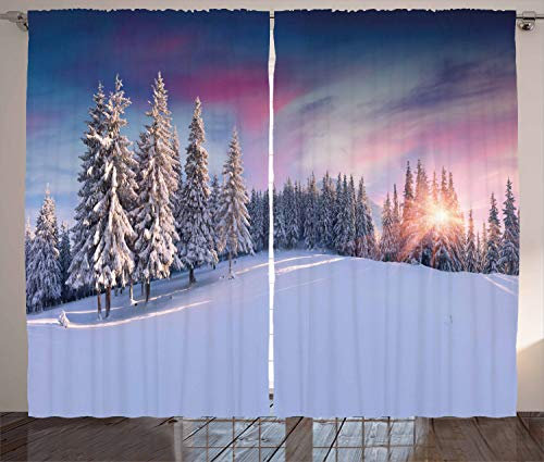 ABAKUHAUS Winter Rustikaler Gardine, Idylle Serene Panorama, Schlafzimmer Kräuselband Vorhang mit Schlaufen und Haken, 280 x 175 cm, Mehrfarbig Ros