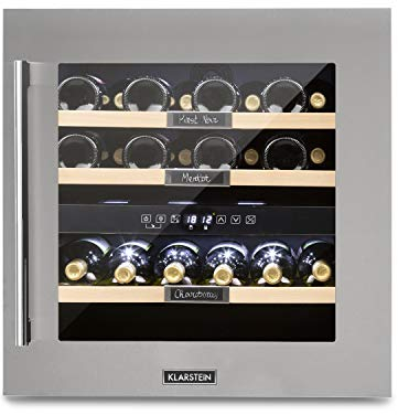 KLARSTEIN Vinoteca para Vinos de 85L Nevera Vino Zona Doble, Botellas Vino, Proseco y Cervezas, Vinoteca Pequeña Puerta Cristal para Interior y Exterior, Nevera para Vinos Capacidad 36 Botellas